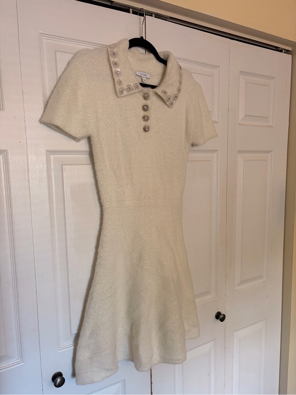 Embellished-Collar Cream Knit Midi Dress